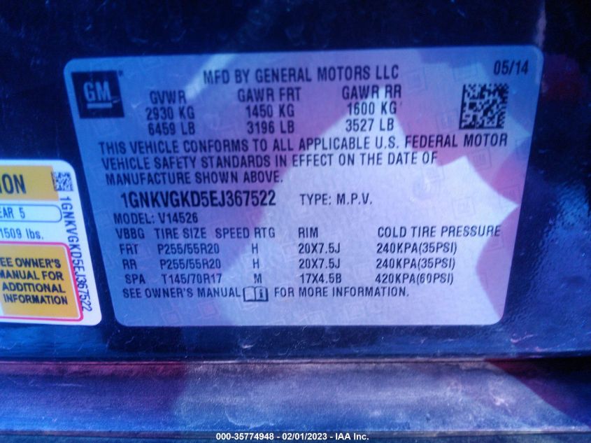 2014 CHEVROLET TRAVERSE LT - 1GNKVGKD5EJ367522