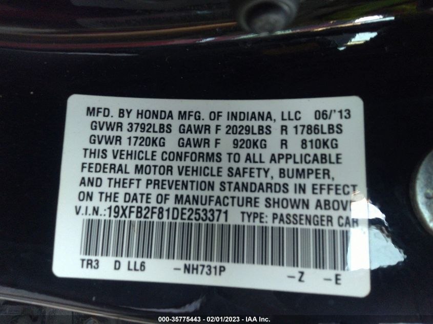 2013 HONDA CIVIC SDN EX 19XFB2F81DE253371