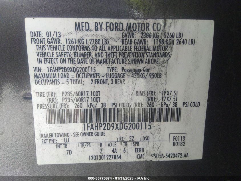 2013 FORD TAURUS SE - 1FAHP2D9XDG200115