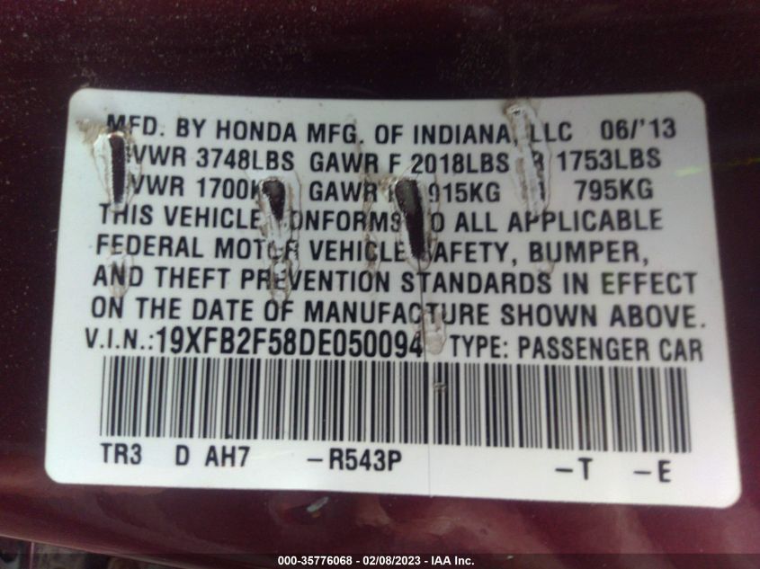 2013 HONDA CIVIC SDN LX 19XFB2F58DE050094