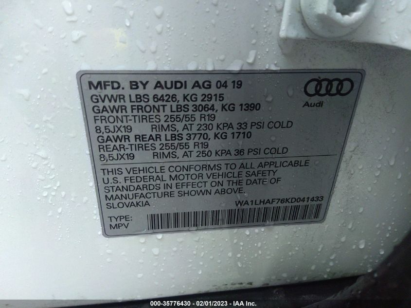 WA1LHAF76KD041433 2019 AUDI Q7, photo no. 9