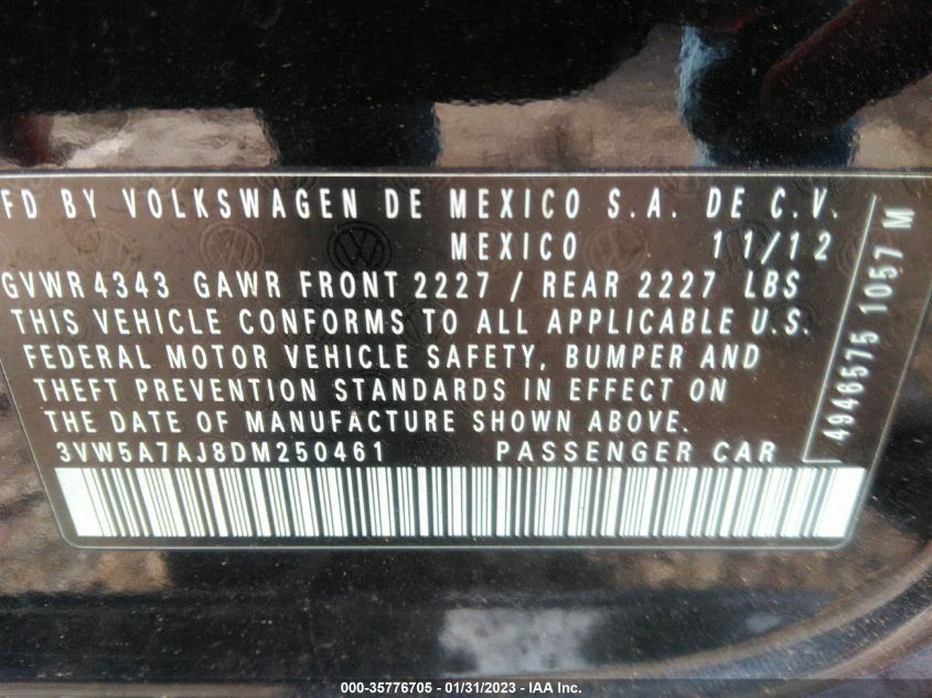 2013 VOLKSWAGEN GLI AUTOBAHN 3VW5A7AJ8DM250461
