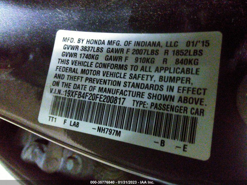 2015 HONDA CIVIC HYBRID 19XFB4F20FE200817