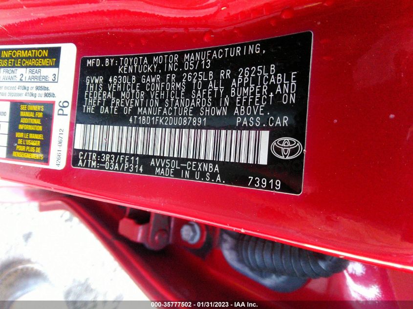 2013 TOYOTA CAMRY HYBRID LE/XLE 4T1BD1FK2DU087891