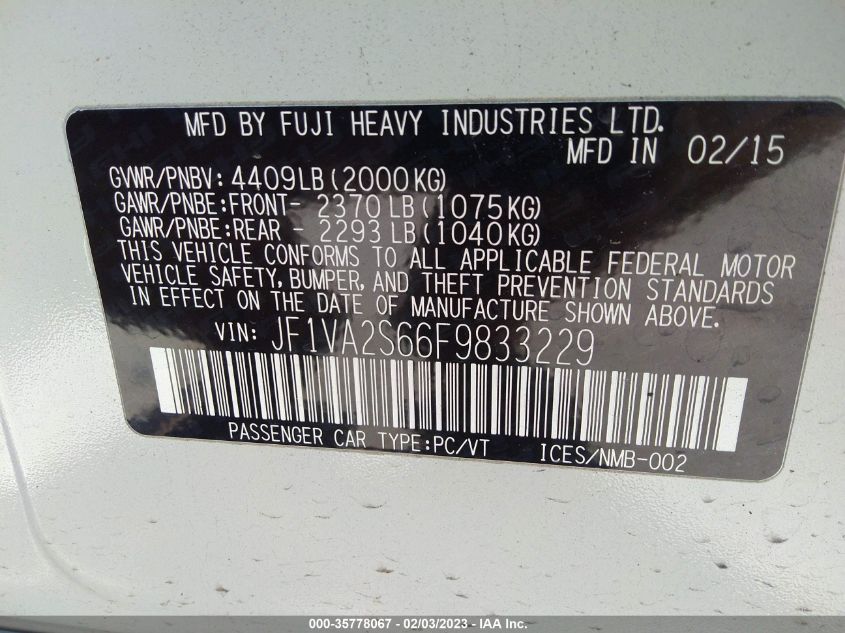 2015 SUBARU WRX STI LIMITED JF1VA2S66F9833229