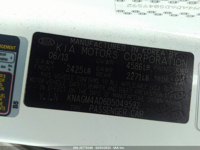2013 KIA OPTIMA HYBRID EX KNAGM4AD6D5049592