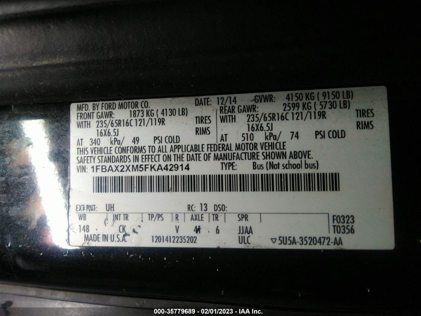 2015 FORD TRANSIT WAGON XL/XLT - 1FBAX2XM5FKA42914