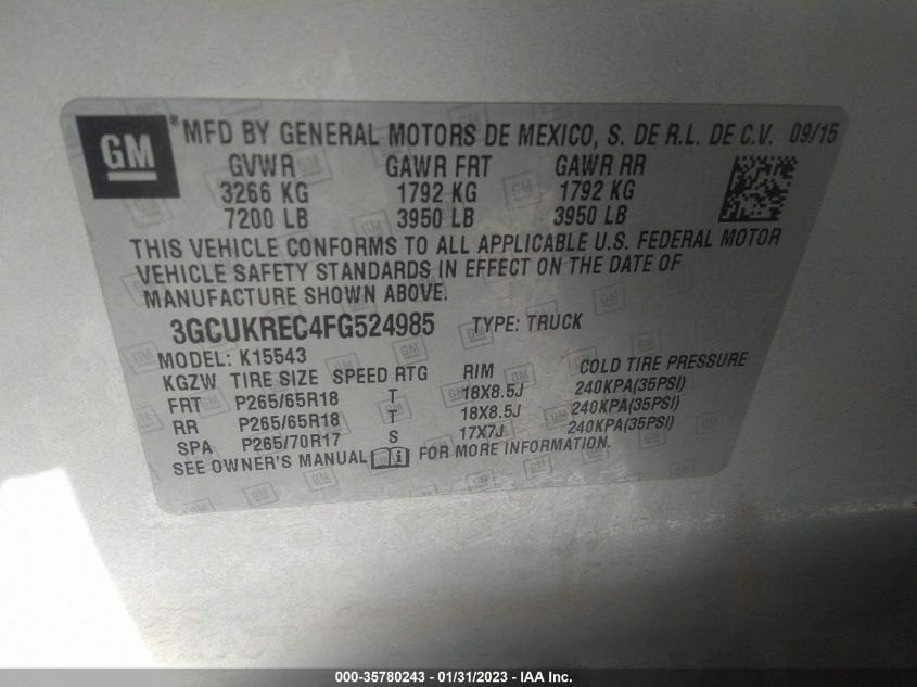 2015 CHEVROLET SILVERADO 1500 LT - 3GCUKREC4FG524985