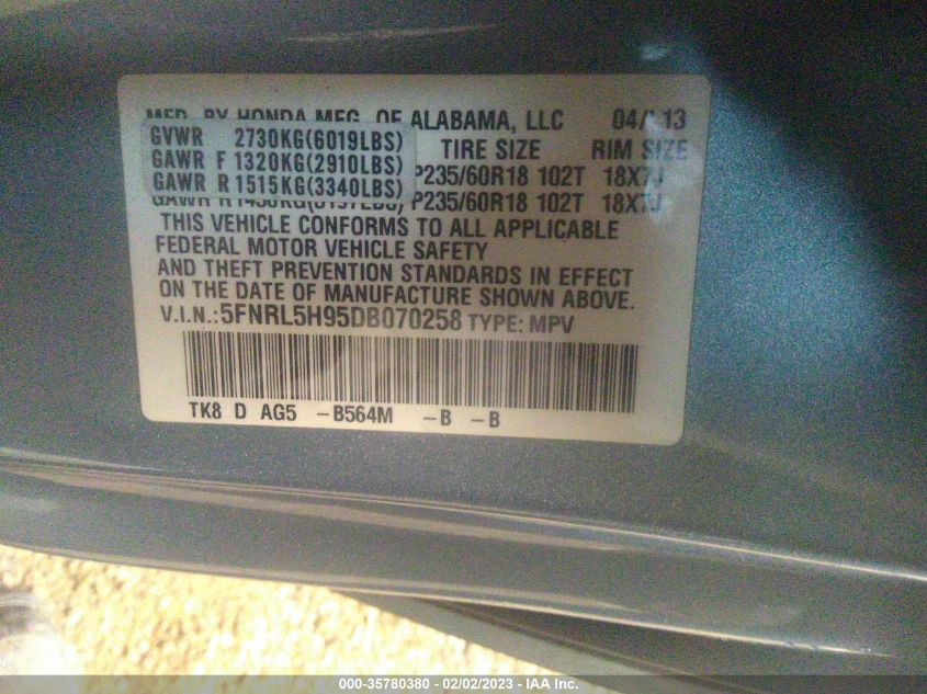 VIN 5FNRL5H95DB070258 2013 HONDA ODYSSEY no.9