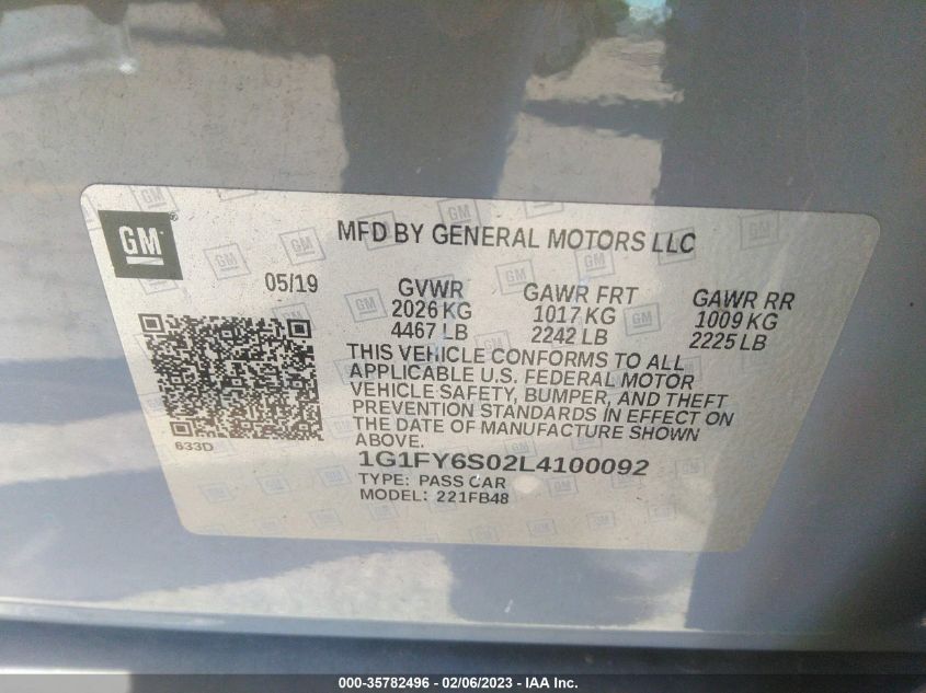 2020 CHEVROLET BOLT EV LT 1G1FY6S02L4100092