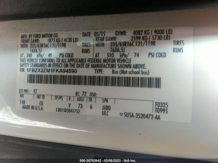 2015 FORD TRANSIT WAGON XL/XLT 1FBZX2ZM1FKA94590