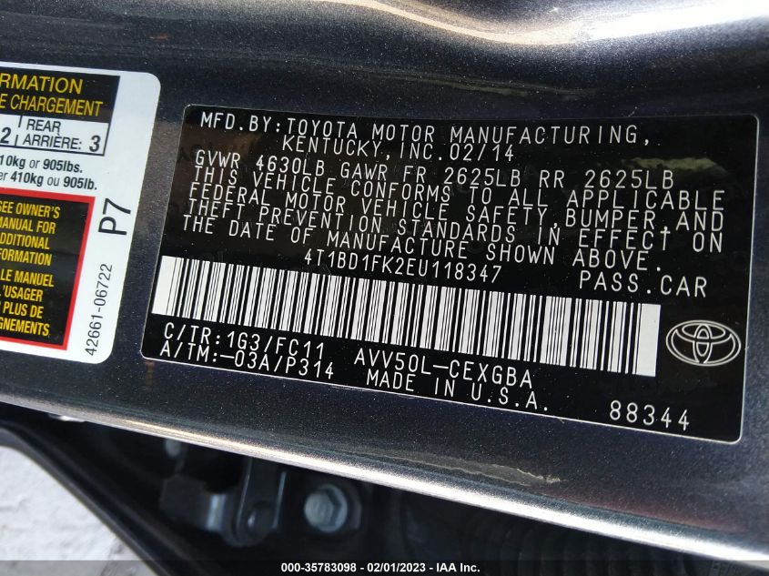 2014 TOYOTA CAMRY HYBRID 4T1BDA1FK2EU11834