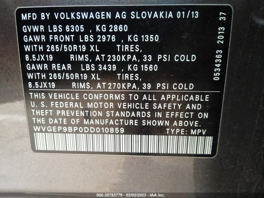 2013 VOLKSWAGEN TOUAREG LUX WVGEP9BP0DD010859