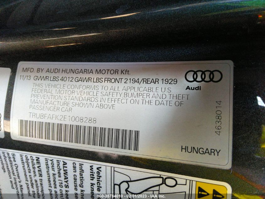 2014 AUDI TT 2.0T TRUBFAFK2E1008288
