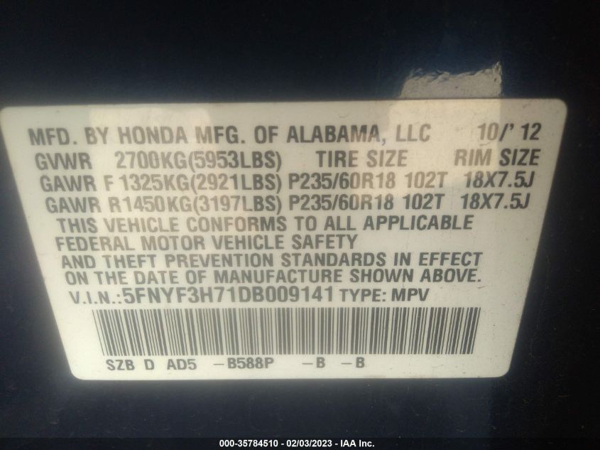 2013 HONDA PILOT EX-L - 5FNYF3H71DB009141