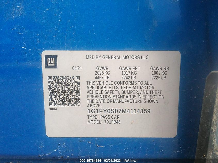 2021 CHEVROLET BOLT EV LT - 1G1FY6S07M4114359