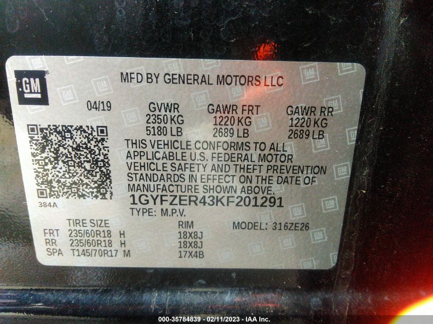2019 CADILLAC XT4 FWD SPORT 1GYFZER43KF201291
