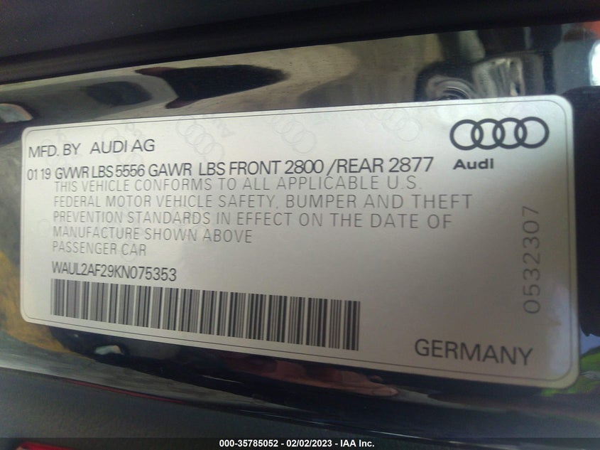 VIN WAUL2AF29KN075353 2019 AUDI A6 PREMIUM PLUS
