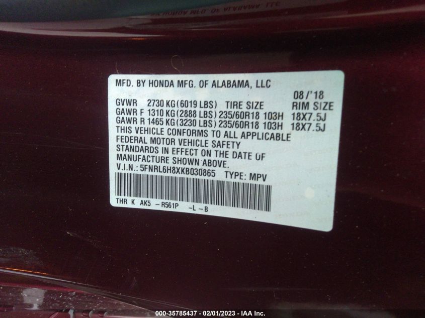 VIN 5FNRL6H8XKB030865 2019 HONDA ODYSSEY TOURING