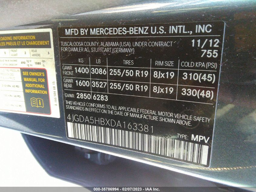 2013 MERCEDES-BENZ M-CLASS ML 350 - 4JGDA5HBXDA163381
