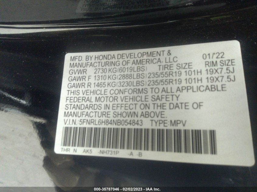 5FNRL6H84NB054843 Honda Odyssey TOURING 9