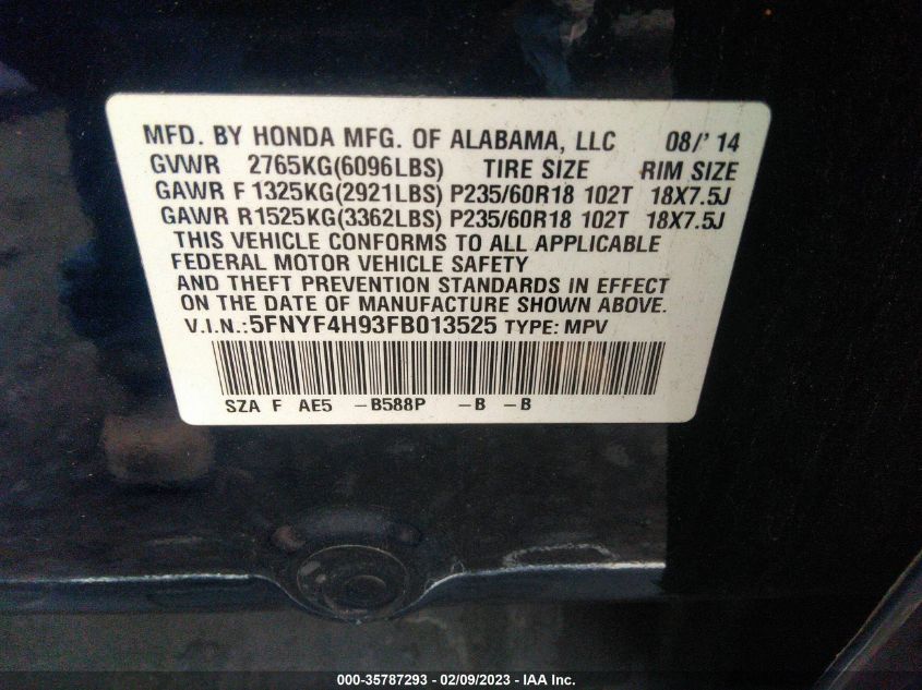 2015 HONDA PILOT TOURING - 5FNYF4H93FB013525