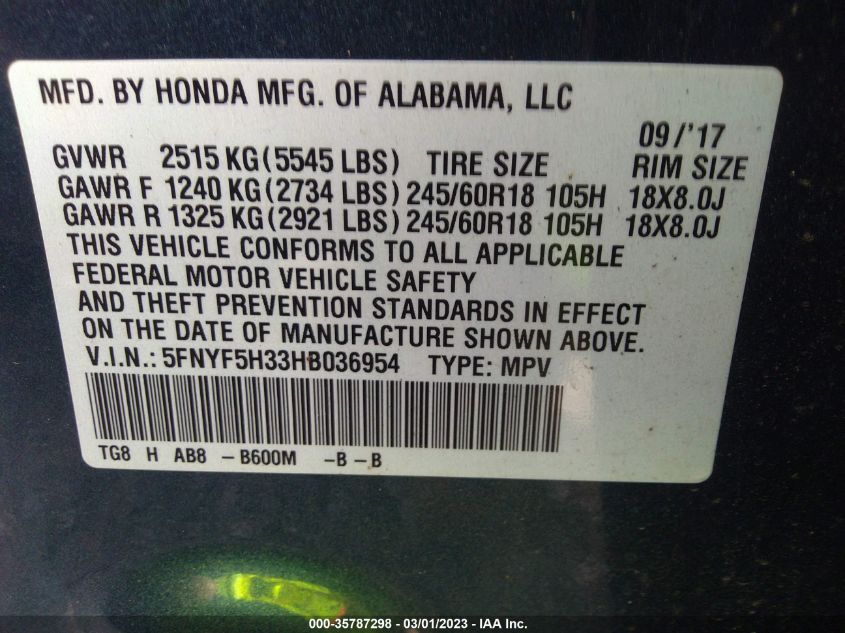 2017 HONDA PILOT EX - 5FNYF5H33HB036954