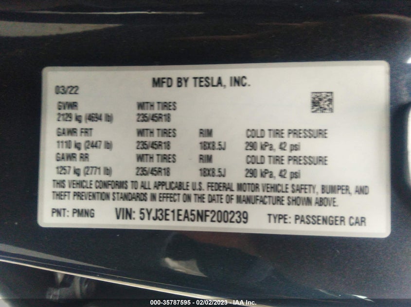 VIN 5YJ3E1EA5NF200239 2022 TESLA MODEL 3