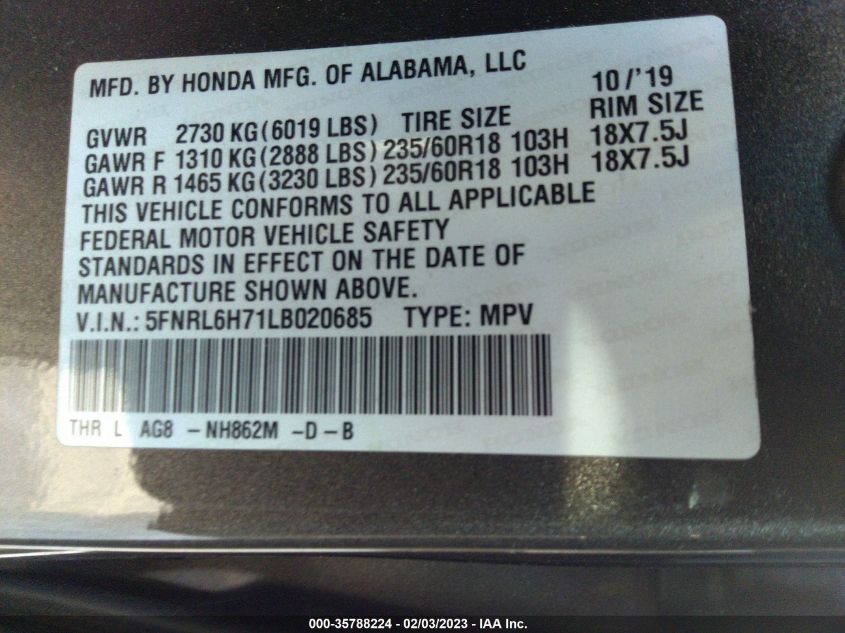 5FNRL6H71LB020685 Honda Odyssey EX-L 9