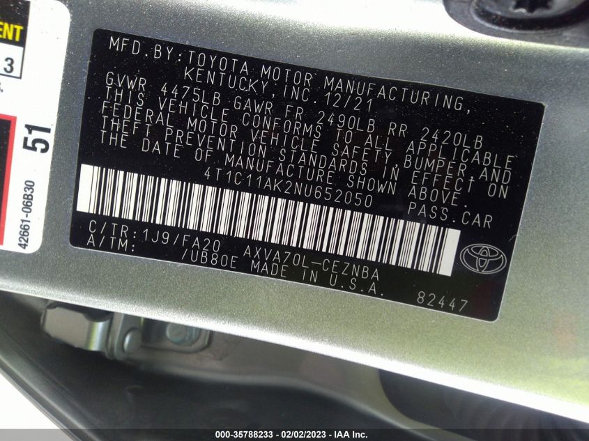 2022 TOYOTA CAMRY LE - 4T1C11AK2NU652050