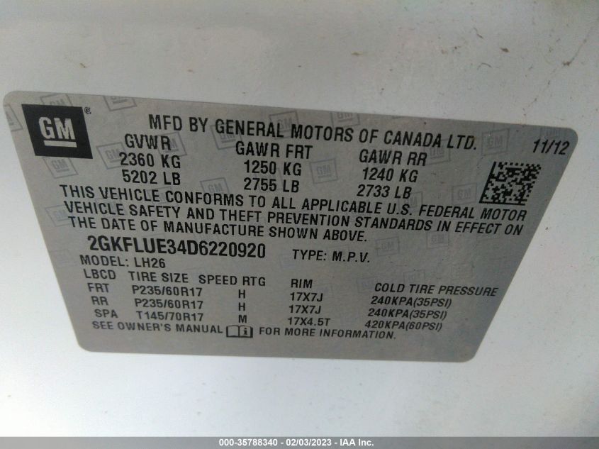 2013 GMC TERRAIN SLT 2GKFLUE34D6220920