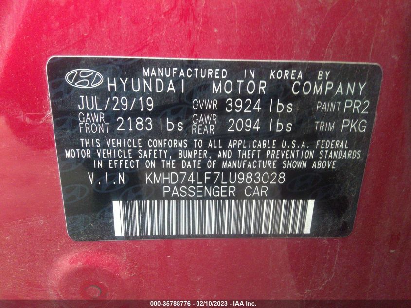 VIN KMHD74LF7LU983028 2020 HYUNDAI ELANTRA no.9