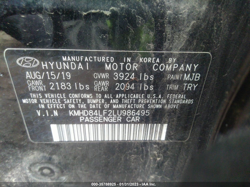 VIN KMHD84LF2LU986495 2020 HYUNDAI ELANTRA SEL