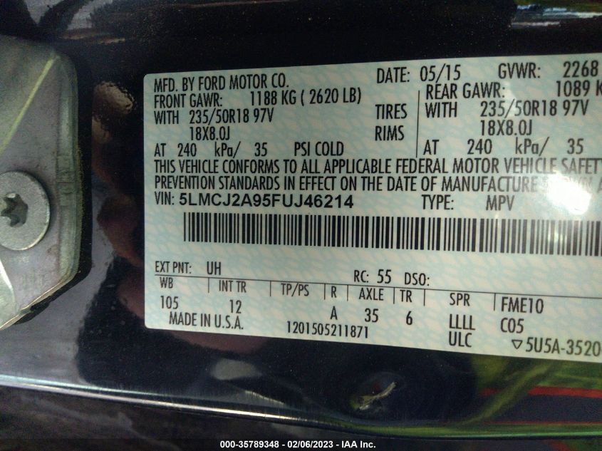 2015 LINCOLN MKC 5LMCJ2A95FUJ46214