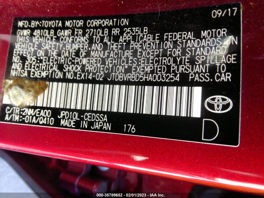 2017 TOYOTA MIRAI JTDBVRBD5HA003254