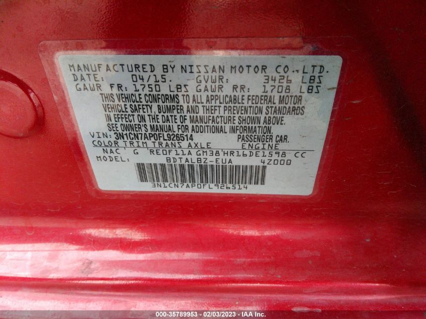 2015 NISSAN VERSA SV - 3N1CN7AP0FL926514