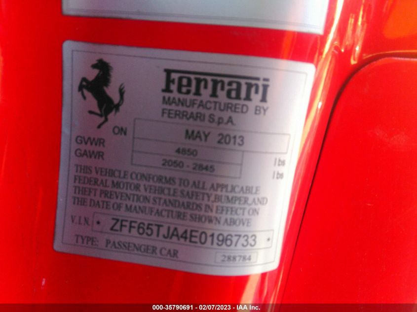 2014 FERRARI CALIFORNIA ZFF65TJA4E0196733