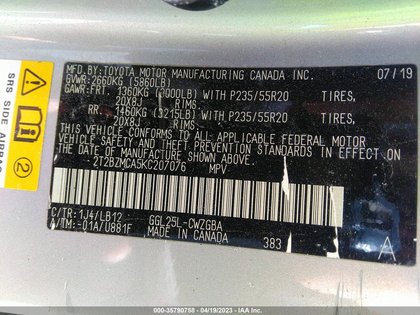 VIN 2T2BZMCA5KC207076 2019 LEXUS RX