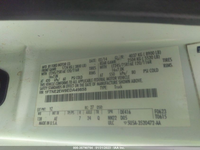 2014 FORD ECONOLINE CARGO VAN COMMERCIAL/RECREATIONAL 1FTNE2EW9EDA49858