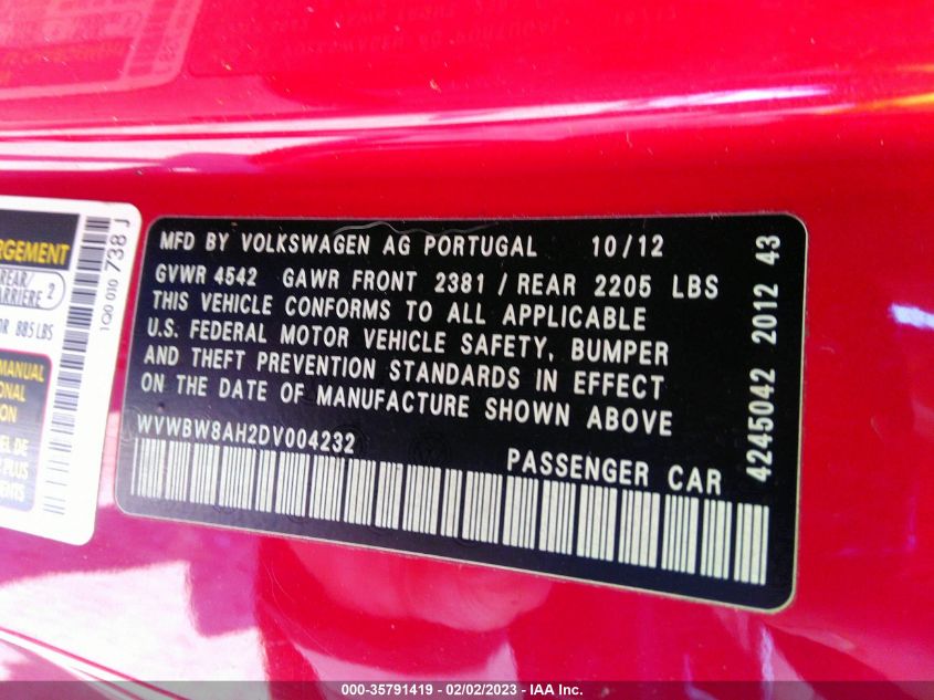 2013 VOLKSWAGEN EOS SPORT - WVWBW8AH2DV004232