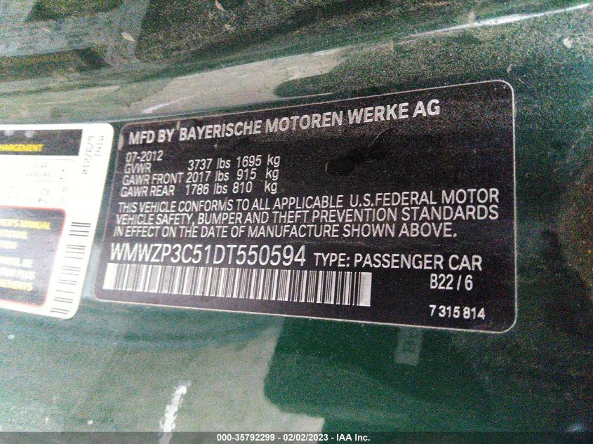 2013 MINI COOPER CONVERTIBLE S WMWZP3C51DT550594