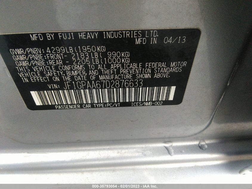 2013 SUBARU IMPREZA WAGON 2.0I JF1GPAA67D2876633