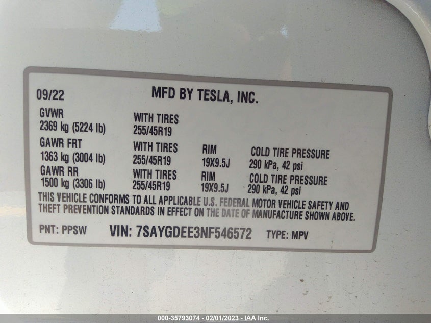 VIN 7SAYGDEE3NF546572 2022 TESLA MODEL Y LONG RANGE