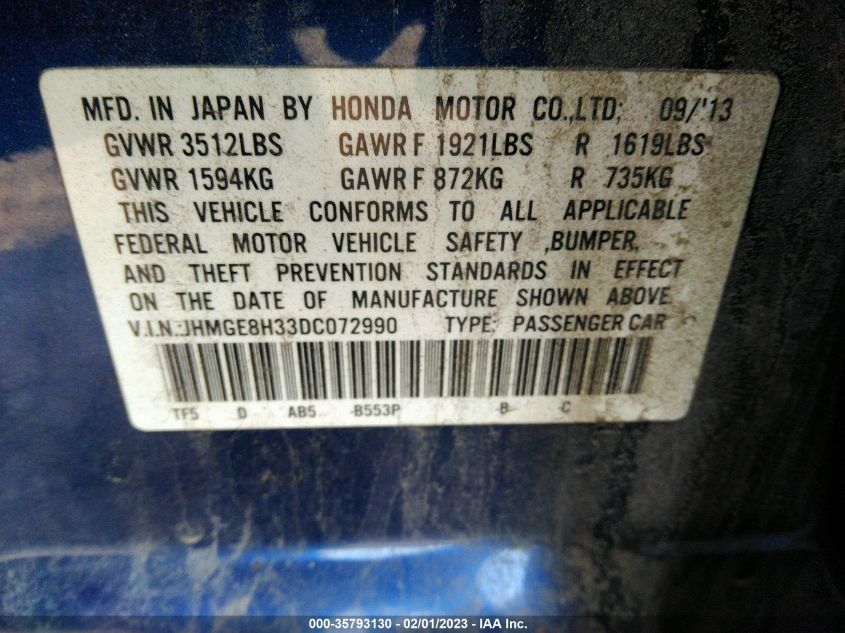 2013 HONDA FIT JHMGE8H33DC072990