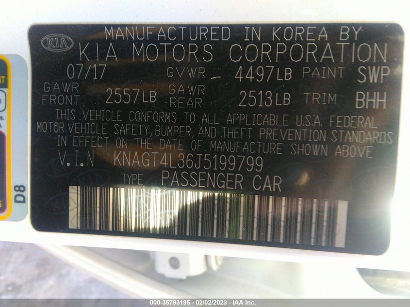 VIN KNAGT4L36J5199799 2018 KIA OPTIMA LX