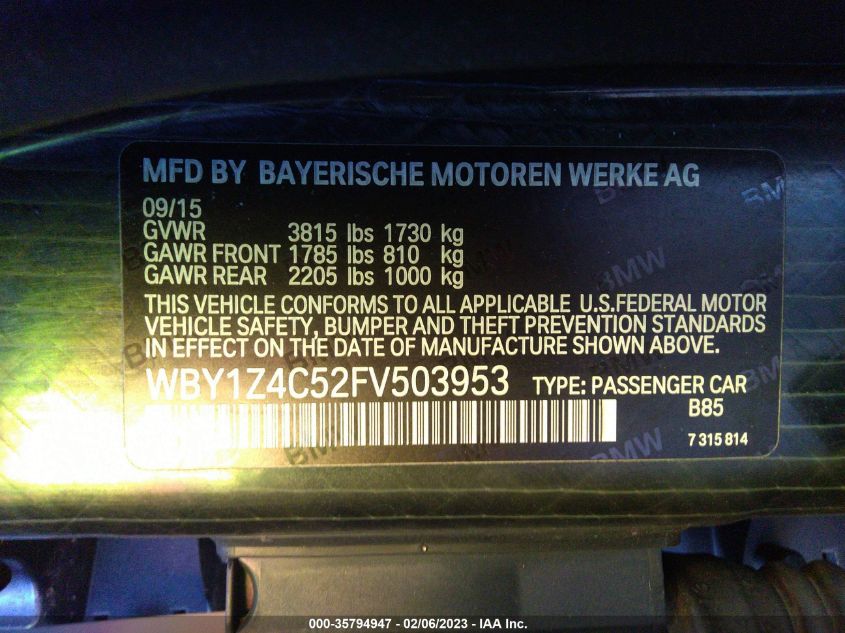 2015 BMW I3 WBY1Z4C52FV503953