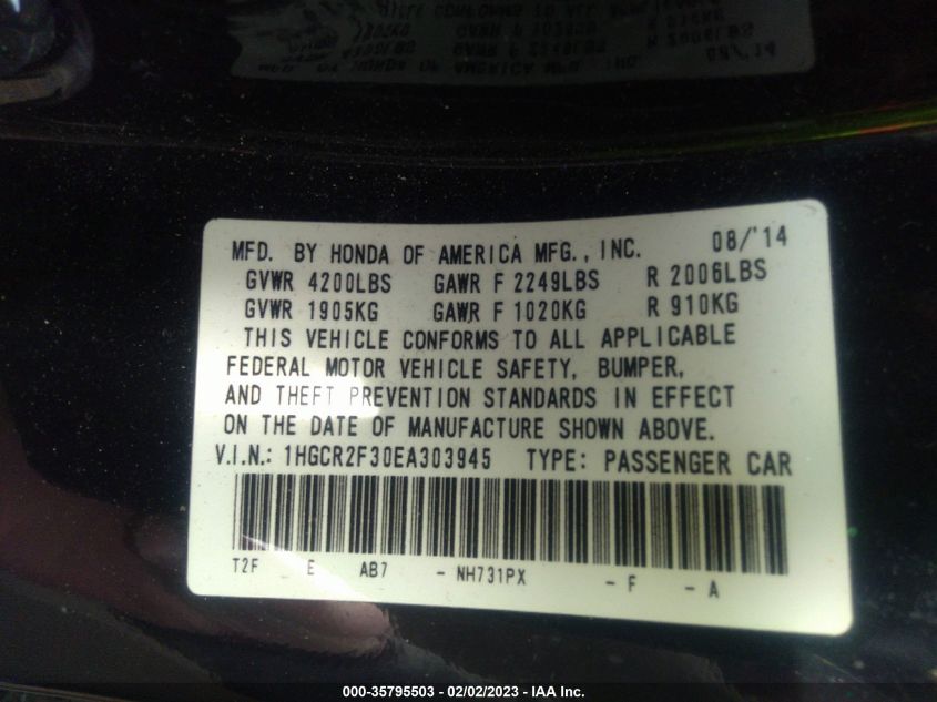 2014 HONDA ACCORD SEDAN LX - 1HGCR2F30EA303945