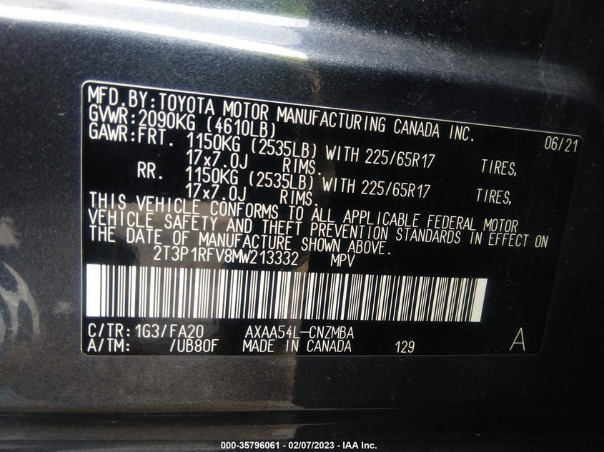 VIN 2T3P1RFV8MW213332 2021 TOYOTA RAV4 XLE
