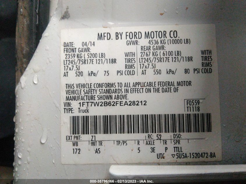 2015 FORD SUPER DUTY F-250 1FT7W2B62FEA28212