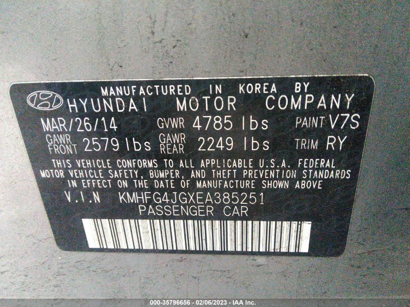 2014 HYUNDAI AZERA KMHFG4JGXEA385251